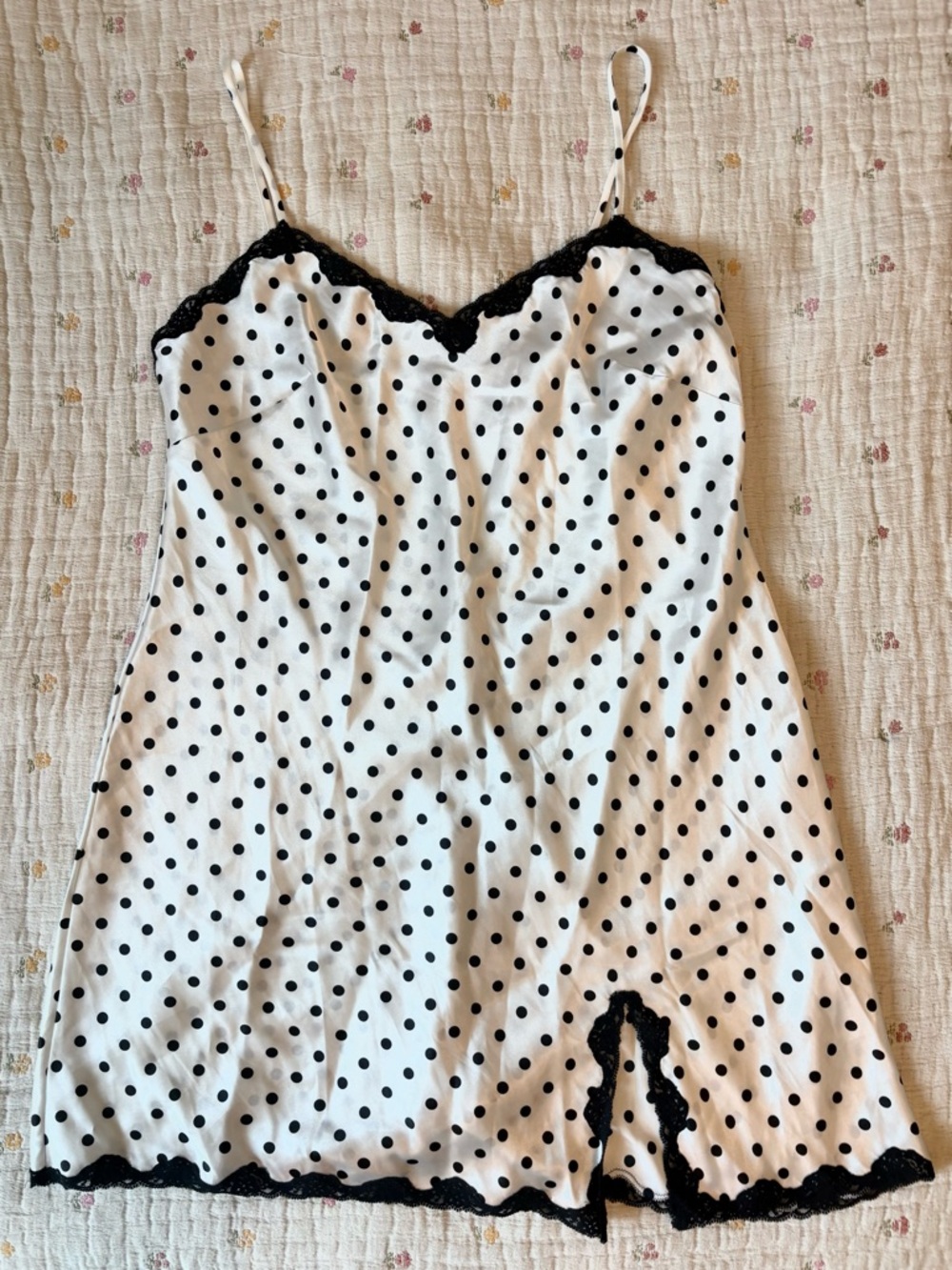VINTAGE White and Black Babydoll Polka Dot Lace-Trim Slip Dress